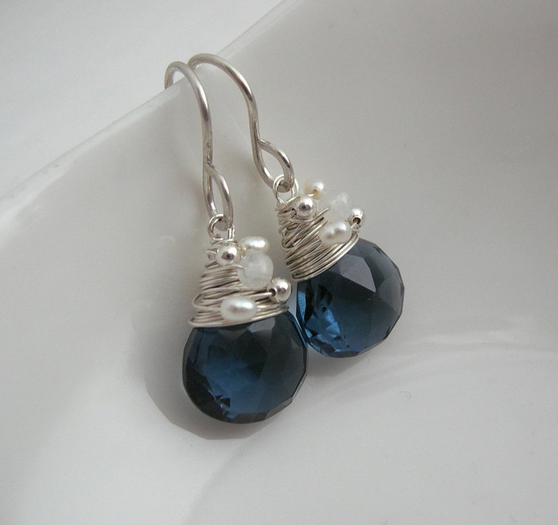 Navy Quartz, Moonstone and Pearl Drop Earrings, Stunning Navy Blue Earrings, Teardrop Earrings, Everyday Earrings, Blue Statement Earrings image 3