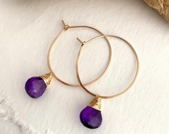 Amethyst Quartz Round Hoop Earrings, Purple Amethyst Gemstone Statement Hoops, February Birthstone, Feb Birthday Gift, Winter Jewellery