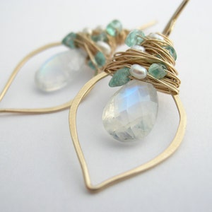 Moonstone and Apatite Leaf Hoop Earrings in Gold or Silver, June Birthstone, June Birthday Gift, Alternative Bridal, Summer Boho Earrings,