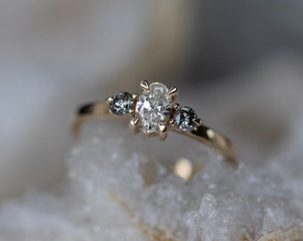 White Diamond Oval and Salt and Pepper Diamond Ring - Diamond Ring - Diamond Engagement Ring