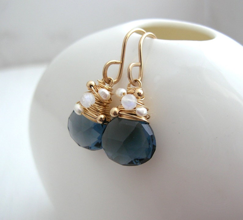 Moonstone and Pearl Earring Drop Earrings Moonstone Earrings Dangle Earrings Wedding Jewellery Navy Quartz Bridesmaid Earrings