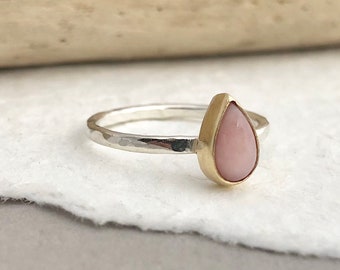 Pink Peruvian Opal Pear Ring - Pink Opal, Mixed Metal Ring, Pink Solitaire Ring, Opal Ring, Pink Opal Ring, Alt Bridal, October Birthstone