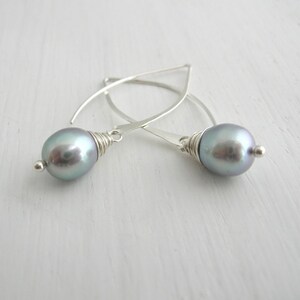 Pearl Long Hoops with White, Ivory or Grey Pearls, Elegant Pearl Earrings, Unique Bridal Earrings, Pearl Statement Earrings image 3