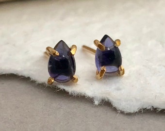 Iolite Teardrop Studs in Gold and Silver, Stud Earrings, Blue Studs, Blue Stone Studs, Alternative Bridal, Something Blue, Teardrop Studs