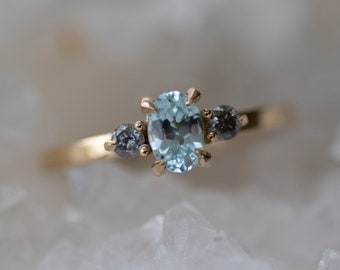 Aquamarine and Salt and Pepper Diamond and Emerald Ring, Aquamarine Ring, Salt and Pepper Diamond Engagement Ring, March Gift