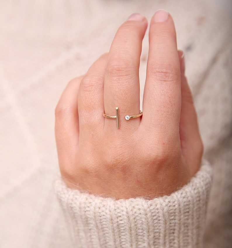 Asymmetrical Diamond Ring Bar Ring, Unique Ring, Diamond Band, Gold Band, Skinny Ring, Boho Diamond Ring, Alt Bridal, April Birthstone image 1