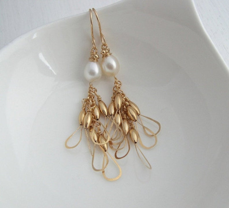 Pearl Little Wing Earrings in Silver or Gold, Pearl Earrings, Bridal Earrings, Alternative Bridal, Chandelier Earrings, June Birthstone image 1