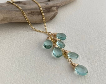 Aquamarine Quartz Lariat Necklace, Statement Blue Necklace, Teardrop Necklace, March Birthstone, March Birthday Gift, Wedding Necklace