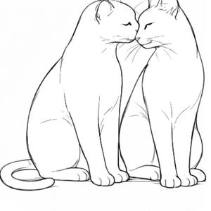 Op de afbeelding: Een zwart-witte lijntekening van twee katten die elkaar met hun neuzen aanraken. De katten zitten rechtop, wat een eenvoudige, elegante illustratie oplevert. Perfect voor kattenliefhebbers en creatieve projecten.