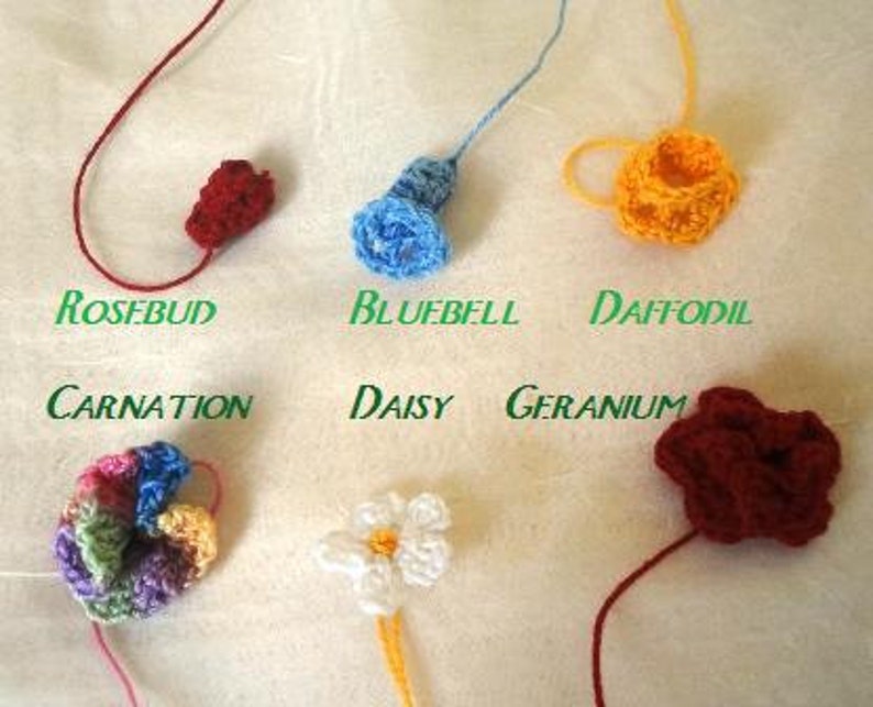 Crochet Pattern Flower Strings Hair Ornaments 6 flower and 4 stem designs PDF instant digital download image 4