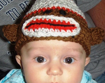 Sock Monkey Hat Crochet Pattern Newborn to 2 year sizes PDF instant digital download