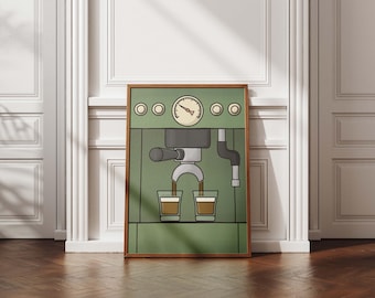 Arte mural de máquina de café expreso, póster de cafetería moderna, impresión minimalista de café, decoración de cafetería verde retro, descarga de arte digital de cocina