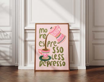 Lámina artística &quot;Más espresso, menos depresso&quot;, divertida decoración de pared con café, póster estético para cocina, cita imprimible en rosa para cafetería o bar.