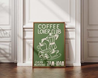 Impresión artística del Coffee Lover Club, decoración de pared para cafetería, póster de cafetera moka verde, bonito letrero de café para el desayunador, descarga digital