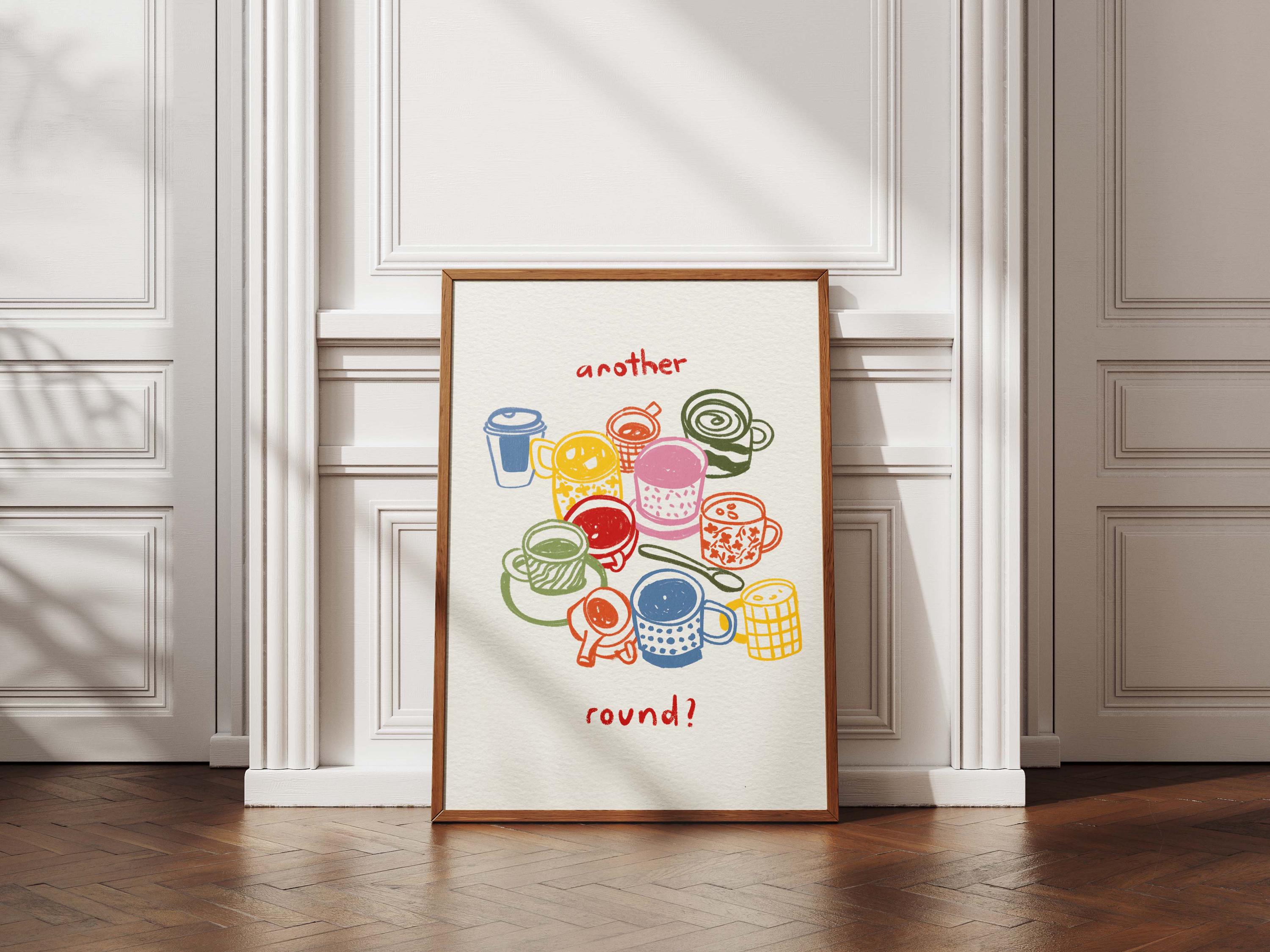 Arte mural con taza de café colorida, arte imprimible divertido para la cocina, póster con frase "Otra taza de café", descarga digital para amantes de la cafeína