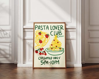 Pasta Lover Kitchen Art Print, Funny Spaghetti Poster, Tomato Wall Decor for Foodies, Digital Italian Food Art for Dining or Dorm Room
