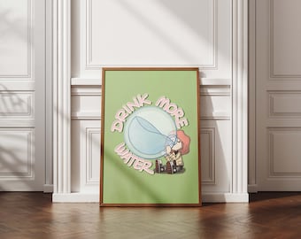 Drink More Water Art Print Digital Download, Cute Wellness Poster, Aesthetic Self Care Reminder, Hydration Bathroom Wall Decor