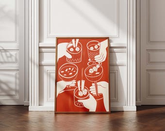 Cocktail Party Wall Art, Modern Bar Cart Decor, Red Drink Poster Print, Cheers Artwork for Kitchen Dining or Airbnb, Digital Download