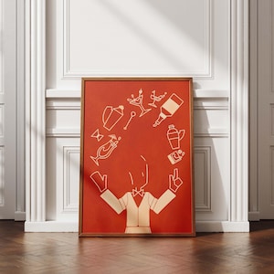 Retro Barkeeper Kunstdruck, Minimalistisches Cocktail Wand Poster, Ästhetische Hausbar Dekor Download, Stilvoller Barmixer Geschenk Digitale Kunstwerke
