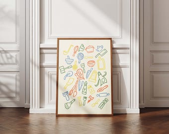 Kitchen Tools Wall Art Print, Modern Colorful Kitchen Utensils Poster, Minimalist Cooking Decor, Digital Download for Foodie Home Style