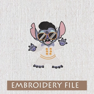 Elvis Stitch Embroidery, Cute Stitch Design, Funny Embroidered Shirt, Elvis Inspired, Hawaiian Outfit, Cartoon Character, Embroidered Tee