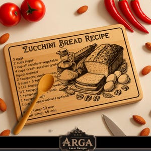 May include: A wooden chopping board engraved with a zucchini bread recipe. The recipe lists ingredients such as eggs, sugar, and zucchini. The board has illustrations of bread, zucchini, and baking items. A wooden spoon is placed on the board.