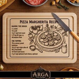 May include: A wooden chopping board with a recessed edge, engraved with a pizza margherita recipe. The recipe details ingredients and instructions. A knife is placed on the board. The ARGA Laser Designs logo is at the bottom of the board.