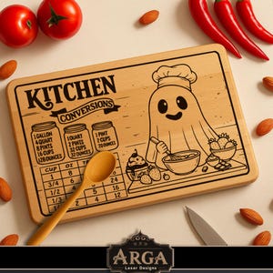 May include: A wooden chopping board with a ghost chef design and kitchen conversion measurements. The board features a wooden spoon, a knife, and the text "KITCHEN CONVERSIONS". Red tomatoes, almonds, and chili peppers surround the board.