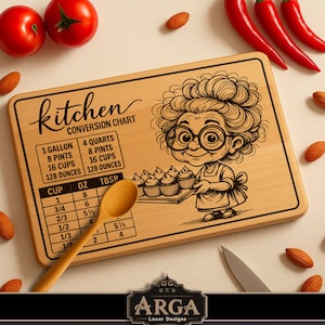 May include: Wooden kitchen conversion chart featuring a cartoon illustration of a woman holding cupcakes. The chart includes measurements for cups, ounces, and tablespoons. The text "Kitchen Conversion Chart" is at the top. A wooden spoon is also in the image.