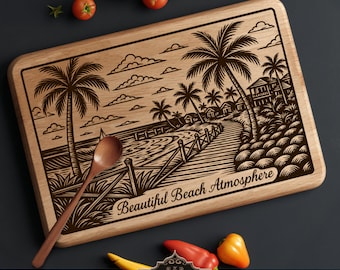 May include: Wooden cutting board with a laser-etched beach scene, featuring palm trees, a boardwalk, and the text "Beautiful Beach Atmosphere." A wooden spoon rests on the board. Fresh produce surrounds the board.