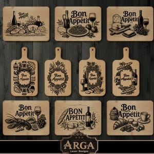 Peut inclure: Une collection de planches à découper et de plateaux de service en bois avec des motifs gravés. Chaque planche porte l'inscription "Bon Appétit" et des illustrations de nourriture et de boissons, dont du vin, du fromage et des pâtes.