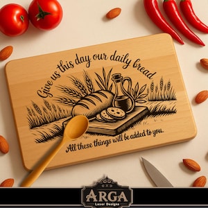 May include: Wooden cutting board with engraved bread, oil, and text "Give us this day our daily bread." A wooden spoon and knife are next to the board. Red tomatoes, peppers, and almonds are scattered around the board.