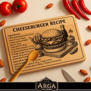 May include: Wooden cheeseburger recipe cutting board with a detailed illustration of a cheeseburger. The board includes a list of ingredients and is surrounded by tomatoes, almonds, and red peppers. The text "CHEESEBURGER RECIPE" is at the top.