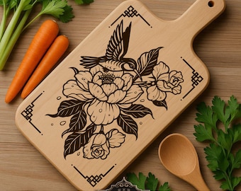 Hummingbird with FlowerBs oard SVG Laser File: Cutting Board Design (Digital Download), Charcuterie board, Svg laser engraving file