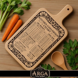 May include: Wooden kitchen conversion chart with engraved text and floral border. Includes dry weight, oven temperature, and liquid volume conversions. Features a handle and a hole for hanging. Carrots and celery are in the background.
