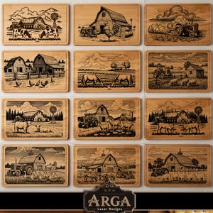 Puede incluir: Una colección de tablas de cortar rectangulares de madera con escenas de granja grabadas. Cada tabla presenta un granero, animales y elementos agrícolas como tractores y molinos de viento. Los diseños son detallados y rústicos, mostrando un tema rural.