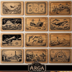 May include: A collection of twelve wooden plaques with nautical-themed laser engravings. Each plaque features a different scene, including ships, maps, marine life, and a lighthouse. The plaques are framed with a rope design and are suitable for wall decor.