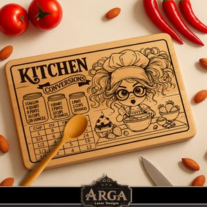 May include: Wooden kitchen conversion cutting board with a cartoon chef design. The board includes measurements for cups, ounces, and tablespoons. The text on the board reads "Kitchen Conversions". Red peppers, tomatoes, and almonds surround the board.