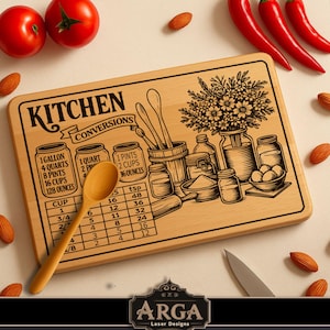 May include: A wooden kitchen board with a conversions chart and illustrations. The board features a wooden spoon, a knife, and kitchen-related items. Red tomatoes, chillies, and almonds surround the board. The board is approximately 30 cm long.