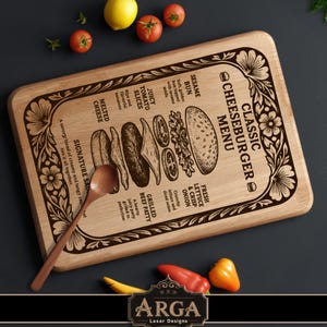 May include: Wooden cheeseburger menu chopping board with an engraved illustration of a classic cheeseburger and its ingredients. Includes a wooden spoon and fresh vegetables.