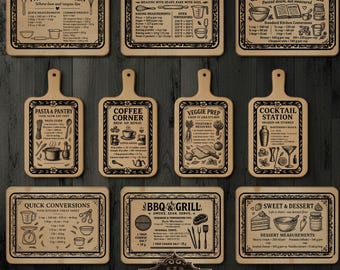 May include: A collection of wooden cutting boards with engraved text and illustrations. Each board features a different kitchen theme, including recipes, measurements, and cooking tips. The boards are rectangular and paddle-shaped.