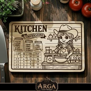May include: Wooden kitchen conversion cutting board with a cartoon cowgirl illustration. The board includes measurements for cups, ounces, tablespoons, and teaspoons. It also shows conversions for gallons, quarts, pints, and cups.