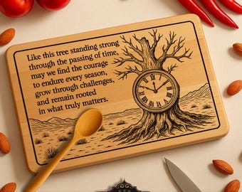 Op de afbeelding: Een houten snijplank met een boom- en klokontwerp, met de tekst "Like this tree standing strong..." Een houten lepel en mes liggen op de plank. Rode tomaten, chilipepers en amandelen omringen de plank. Het logo "ARGA Laser Designs" staat onderaan.