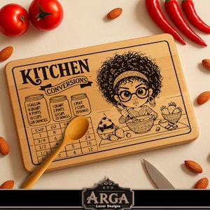 May include: A rectangular wooden chopping board with a laser-etched design. The design includes kitchen conversion charts, a cartoon illustration of a woman, and the text "KITCHEN CONVERSIONS". A wooden spoon and a knife are also present.