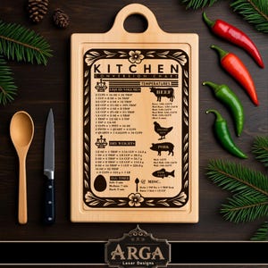 May include: A wooden kitchen conversion chart with a handle, featuring liquid volume, dry weight, and temperature conversions. The chart includes illustrations of beef, poultry, pork, and fish. A wooden spoon and a knife are placed to the left of the chart, with red and green chillies to the right.