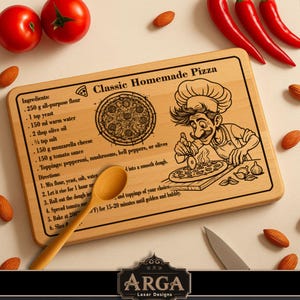 May include: Wooden pizza-themed chopping board with a laser-etched design of a chef and a pizza recipe. The board includes ingredients and directions. Tomatoes, almonds, and chillies are scattered around the board.