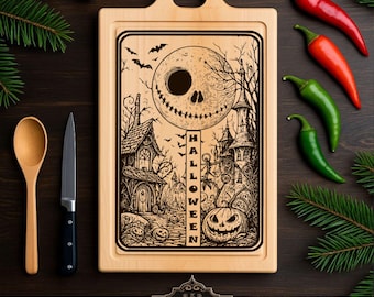 May include: A wooden cutting board with a Halloween-themed design. The design features a smiling skull, bats, a haunted house, and the word "HALLOWEEN". A wooden spoon, knife, and chili peppers are also visible.