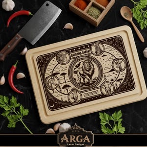 May include: A light-coloured wooden chopping board with a decorative savanna safari design. The design features a lion in the centre, surrounded by other African animals. The text "SAVANNA SAFARI" is at the top. A cleaver, spices, and herbs are also present.