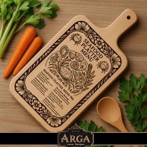 May include: A wooden seafood platter menu board with a handle, featuring engraved illustrations of seafood and text. The board includes a crab, shrimp, oysters, and other seafood items. The board is surrounded by a decorative floral border.