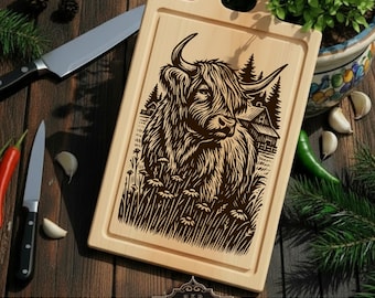 Highland Cow v2 Cutting Board SVG File: Laser Engraving Design (Digital Download)